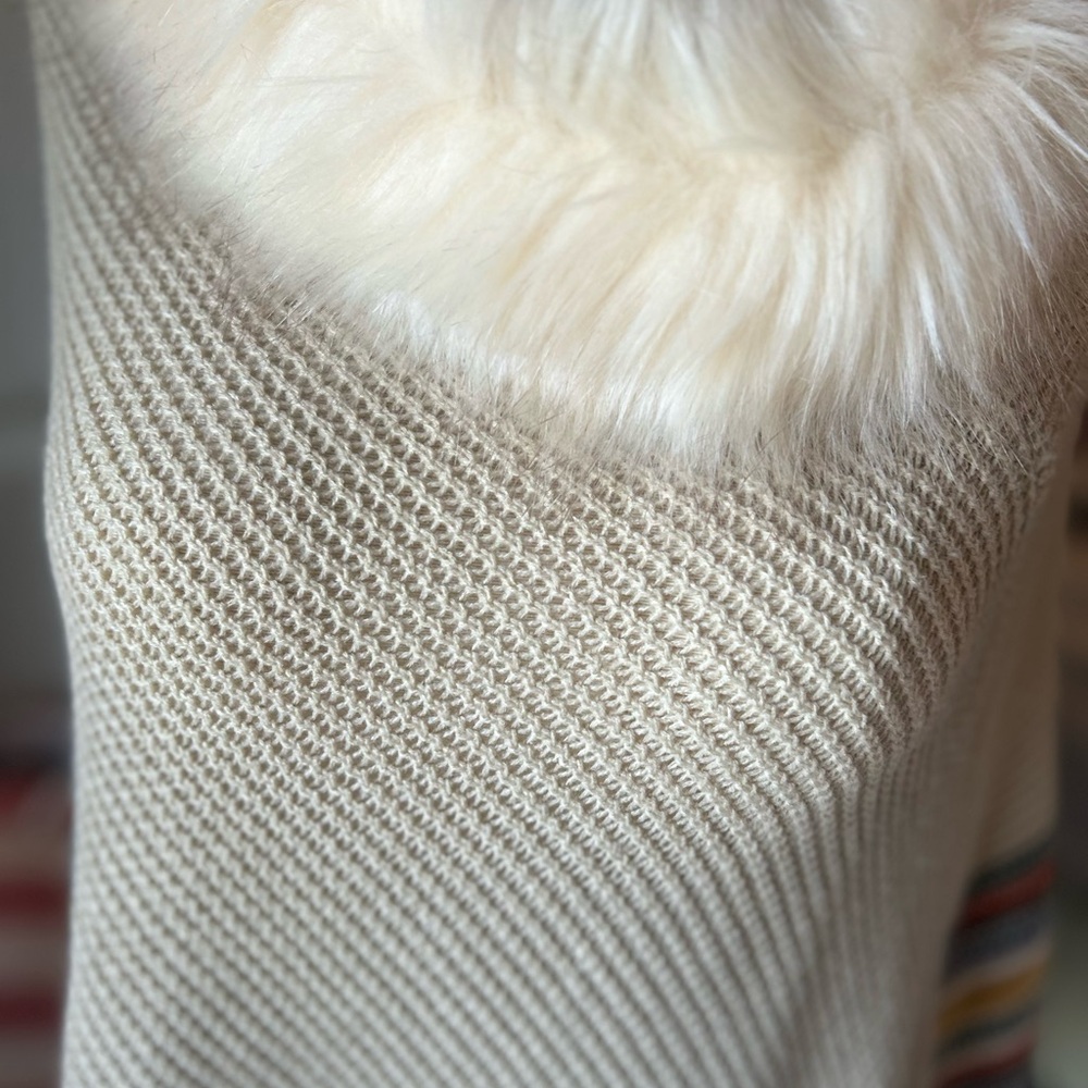 Faux Fur Trim Knit Poncho with Striped Detail - Picture 7 of 8